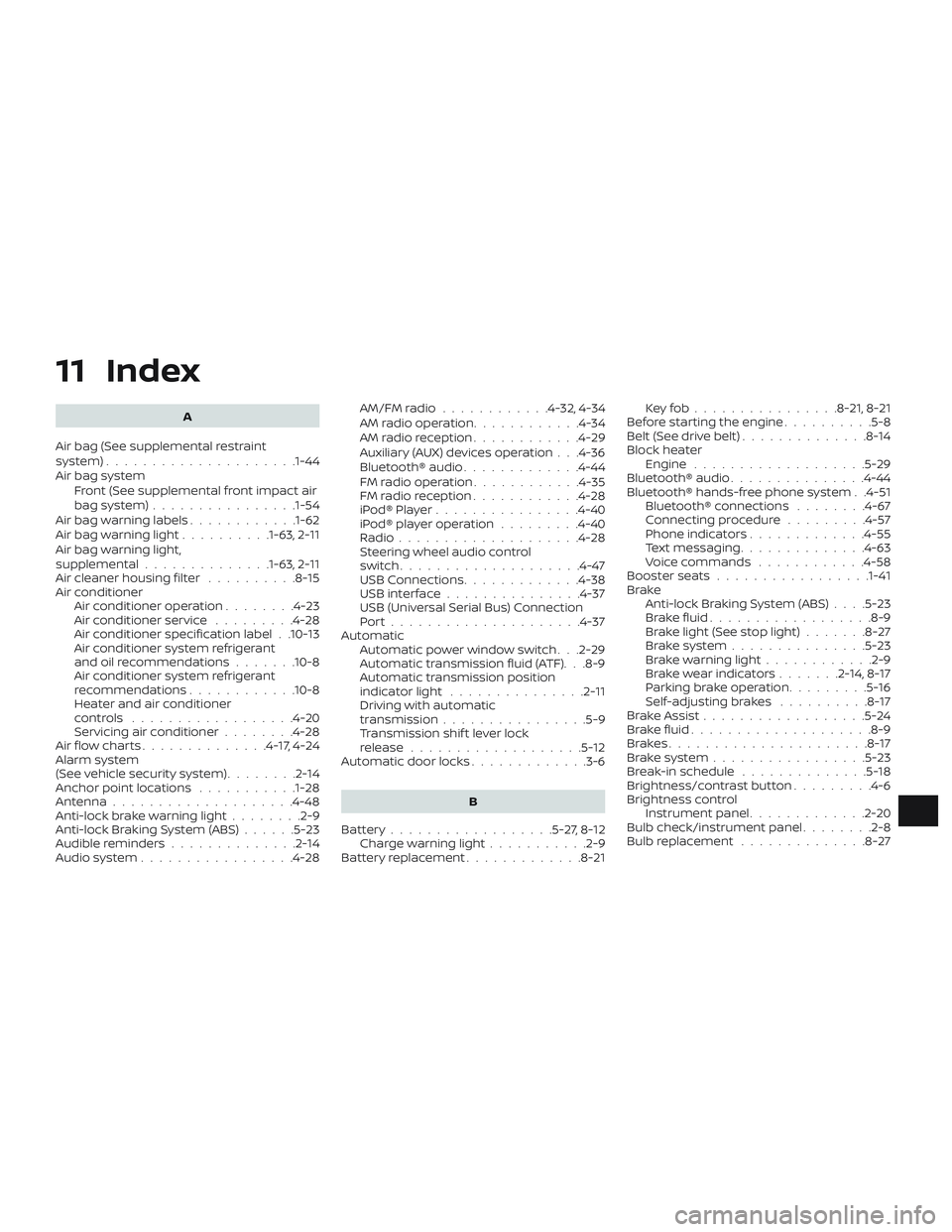 NISSAN MICRA 2023  Owners Manual 11 Index
A
Air bag (See supplemental restraint
system) .................... .1-44
Air bag system Front (See supplemental front impact air
bagsystem)............... .1-54
Air bag warning labels .......