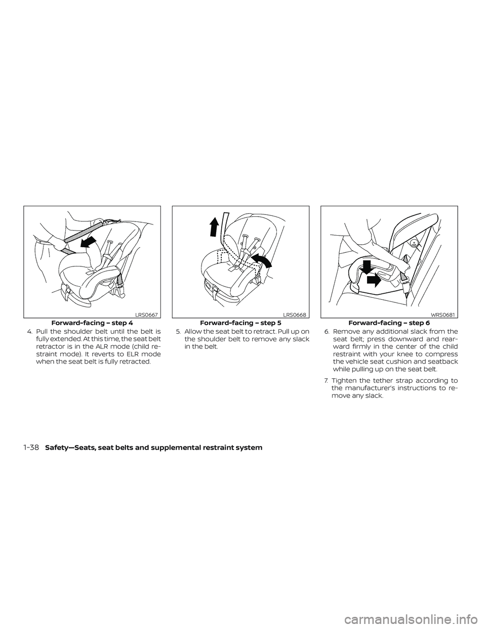 NISSAN MICRA 2023  Owners Manual 4. Pull the shoulder belt until the belt isfully extended. At this time, the seat belt
retractor is in the ALR mode (child re-
straint mode). It reverts to ELR mode
when the seat belt is fully retract