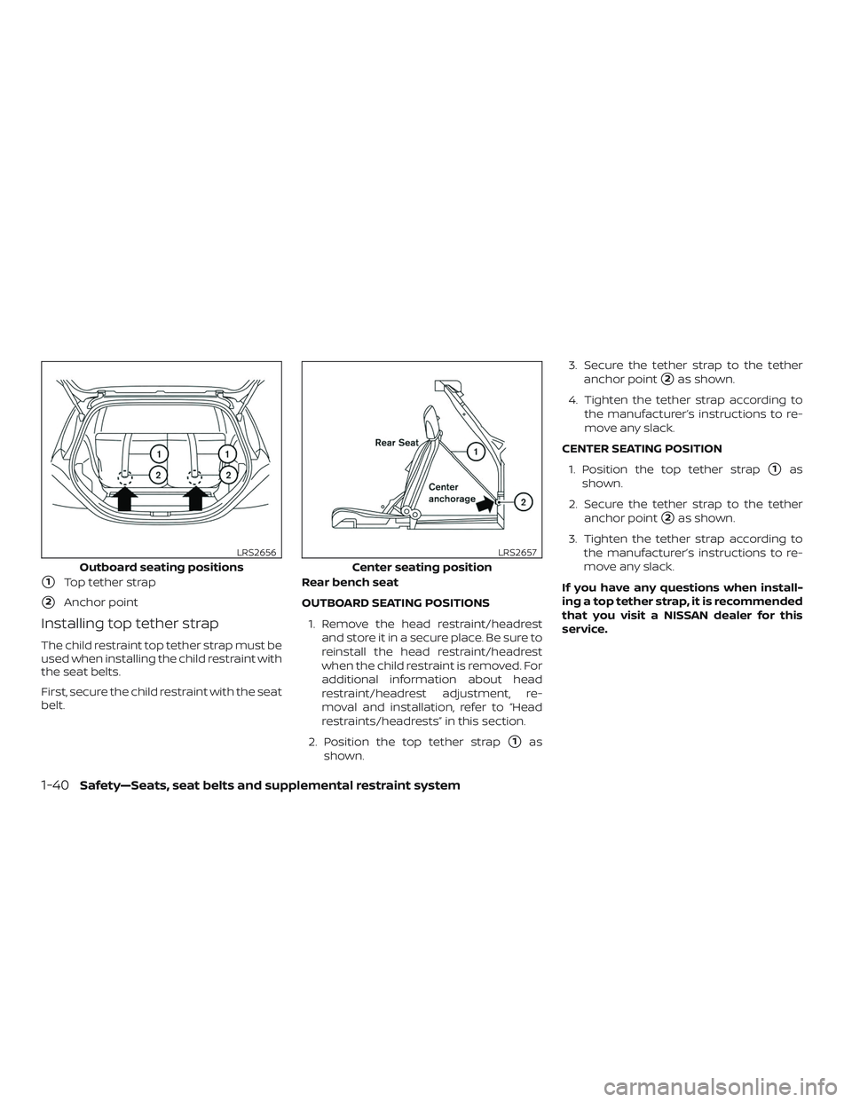 NISSAN MICRA 2023  Owners Manual 1Top tether strap
2Anchor point
Installing top tether strap
The child restraint top tether strap must be
used when installing the child restraint with
the seat belts.
First, secure the child restrai
