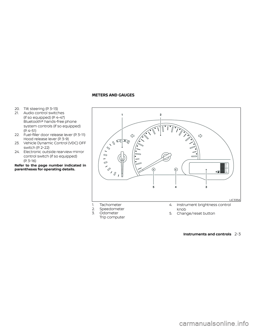 NISSAN MICRA 2023  Owners Manual 20. Tilt steering (P. 3-13)
21. Audio control switches(if so equipped) (P. 4-47)
Bluetooth® hands-free phone
system controls (if so equipped)
(P. 4-51)
22. Fuel-filler door release lever (P. 3-11) Ho