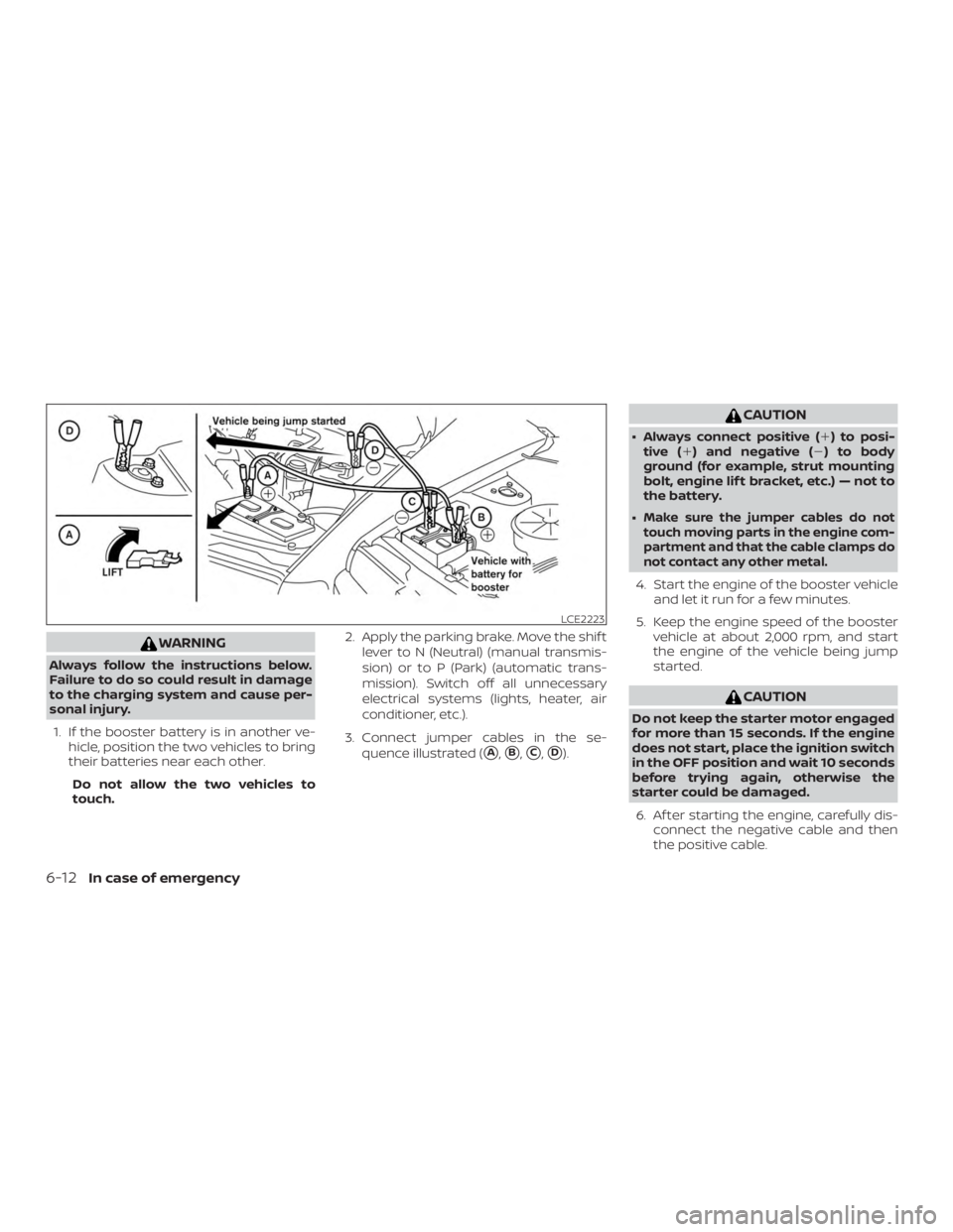 NISSAN MICRA 2020  Owners Manual WARNING
Always follow the instructions below.
Failure to do so could result in damage
to the charging system and cause per-
sonal injury.1. If the booster battery is in another ve- hicle, position the