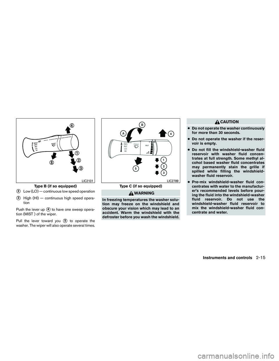 NISSAN MICRA 2012  Owners Manual 2Low (LO) — continuous low speed operation
3High (HI) — continuous high speed opera-
tion
Push the lever up
4to have one sweep opera-
tion (MIST ) of the wiper.
Pull the lever toward you
5to o