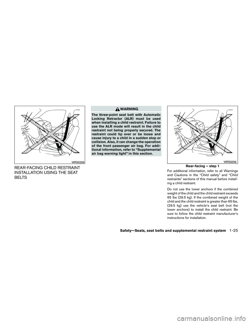 NISSAN MICRA 2010  Owners Manual REAR-FACING CHILD RESTRAINT
INSTALLATION USING THE SEAT
BELTS 