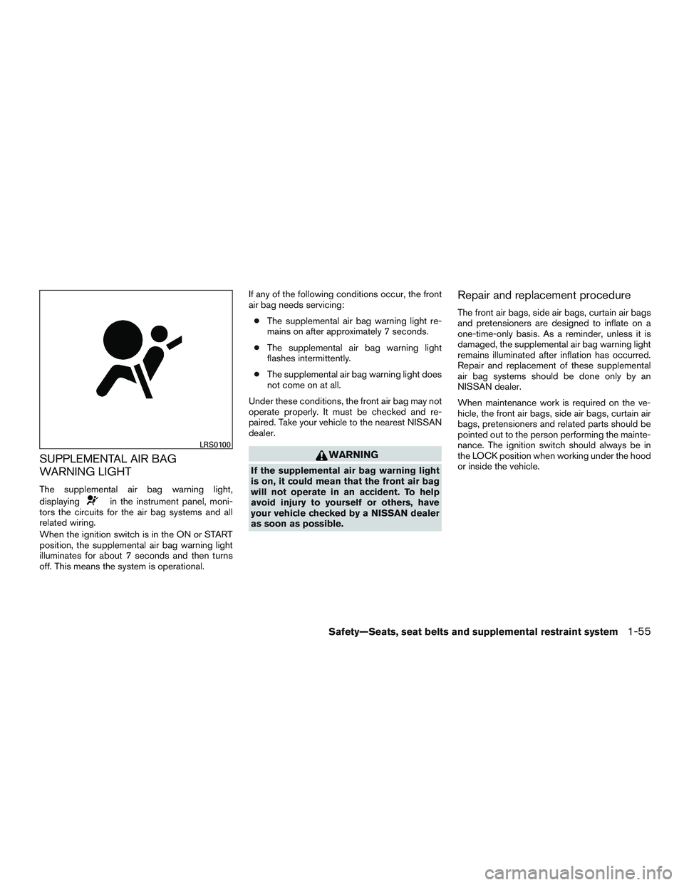 NISSAN MICRA 2010  Owners Manual SUPPLEMENTAL AIR BAG
WARNING LIGHT
The supplemental air bag warning light,
displaying 
