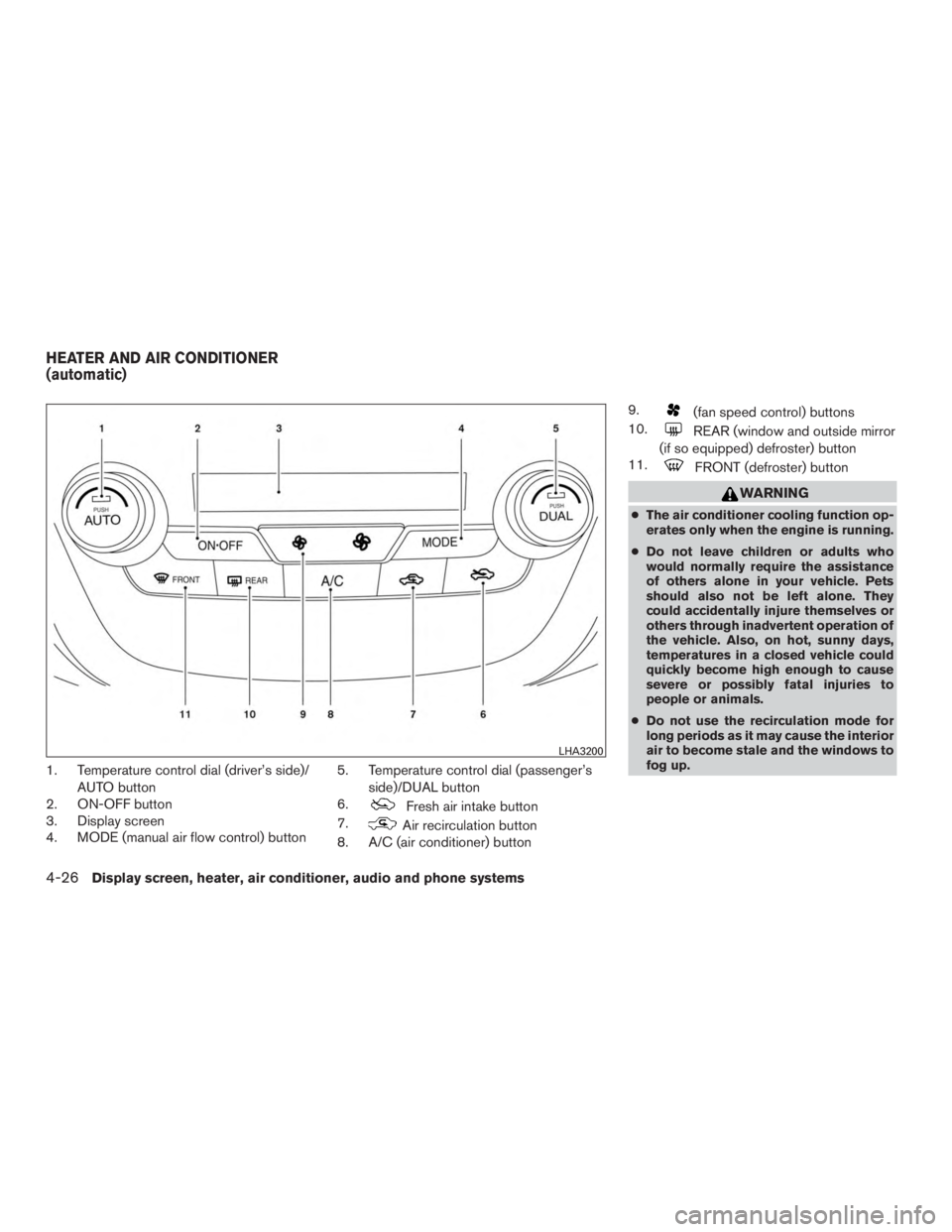 NISSAN MURANO PLATINUM 2015  Owners Manual 1. Temperature control dial (driver’s side)/AUTO button
2. ON-OFF button
3. Display screen
4. MODE (manual air flow control) button 5. Temperature control dial (passenger’s
side)/DUAL button
6. 
