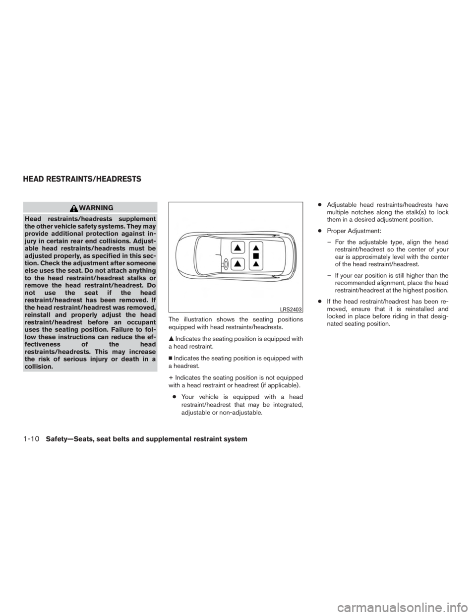 NISSAN MURANO PLATINUM 2015  Owners Manual WARNING
Head restraints/headrests supplement
the other vehicle safety systems. They may
provide additional protection against in-
jury in certain rear end collisions. Adjust-
able head restraints/head