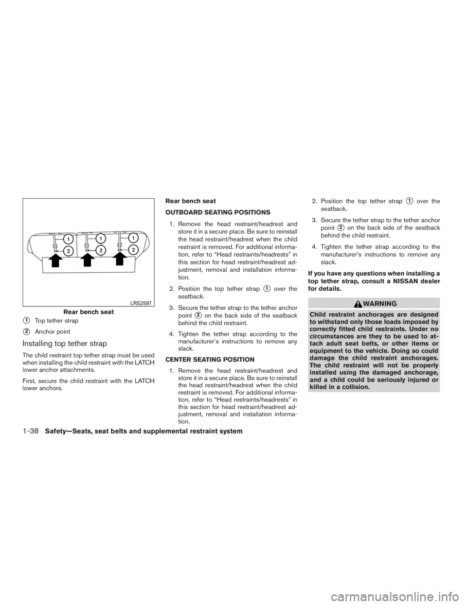 NISSAN MURANO PLATINUM 2015  Owners Manual 1Top tether strap
2Anchor point
Installing top tether strap
The child restraint top tether strap must be used
when installing the child restraint with the LATCH
lower anchor attachments.
First, secu
