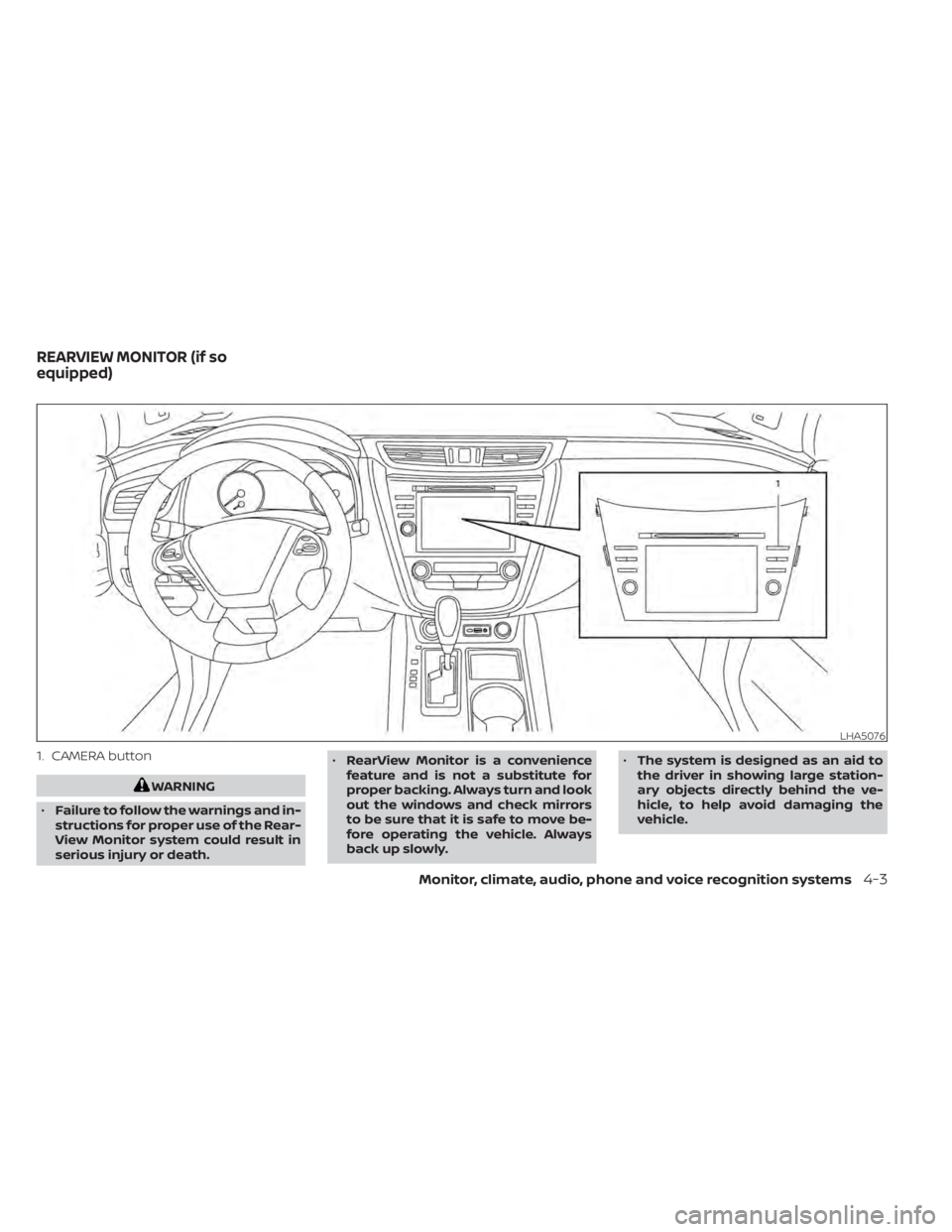 NISSAN MURANO 2022  Owners Manual 1. CAMERA button
Monitor, climate, audio, phone and voice recognition systems4-3 