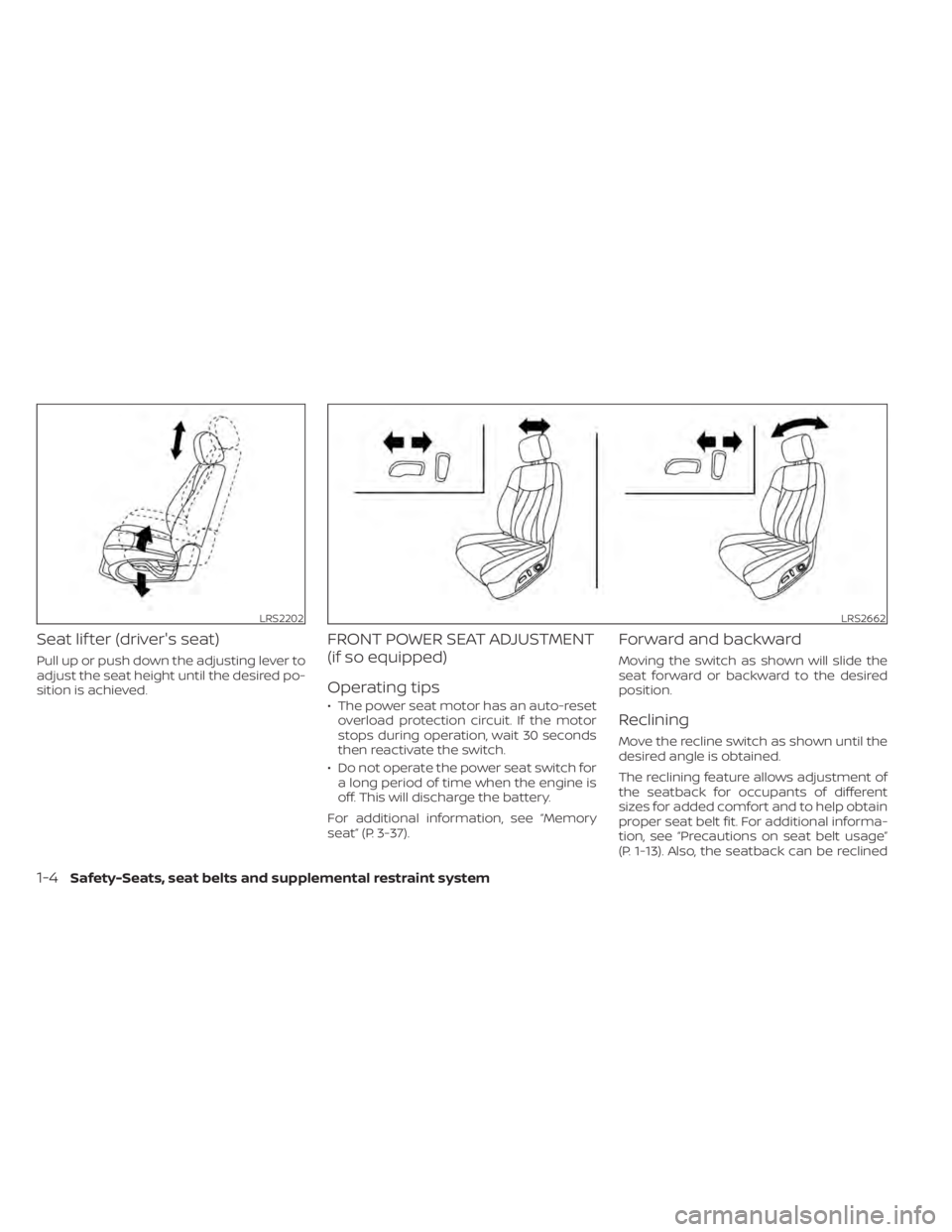 NISSAN MURANO 2022  Owners Manual LRS2202LRS2662
1-4Safety-Seats, seat belts and supplemental restraint system 