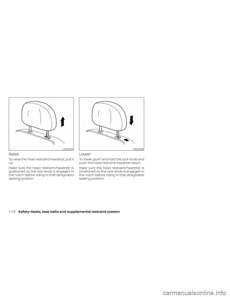 NISSAN MURANO 2022  Owners Manual LRS2305LRS2306
1-12Safety-Seats, seat belts and supplemental restraint system 
