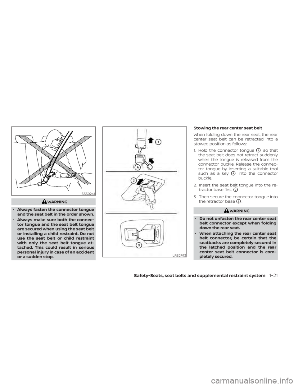 NISSAN MURANO 2022  Owners Manual WARNING
• Always fasten the connector tongue
and the seat belt in the order shown.
• Always make sure both the connec-
tor tongue and the seat belt tongue
are secured when using the seat belt
or i