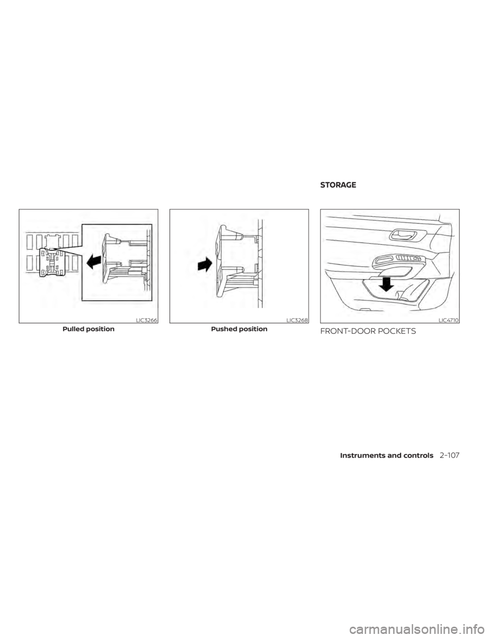 NISSAN PATHFINDER 2023  Owners Manual FRONT-DOOR POCKETS
LIC3266
Pulled position
LIC3268
Pushed position
LIC4710
STORAGE
Instruments and controls2-107 