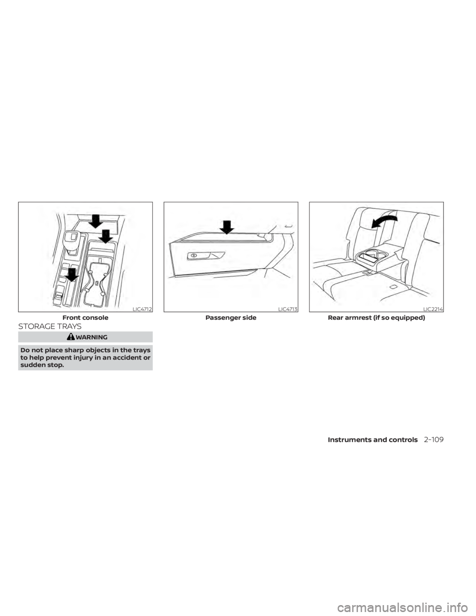 NISSAN PATHFINDER 2023  Owners Manual STORAGE TRAYS
WARNING
Do not place sharp objects in the trays
to help prevent injury in an accident or
sudden stop.
LIC4712
Front console
LIC4713
Passenger side
LIC2214
Rear armrest (if so equipped)
I