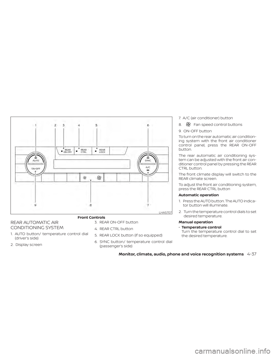 NISSAN PATHFINDER 2023  Owners Manual REAR AUTOMATIC AIR
CONDITIONING SYSTEM
1. AUTO button/ temperature control dial(driver’s side)
2. Display screen 3. REAR ON-OFF button
4. REAR CTRL button
5. REAR LOCK button (if so equipped)
6. SYN