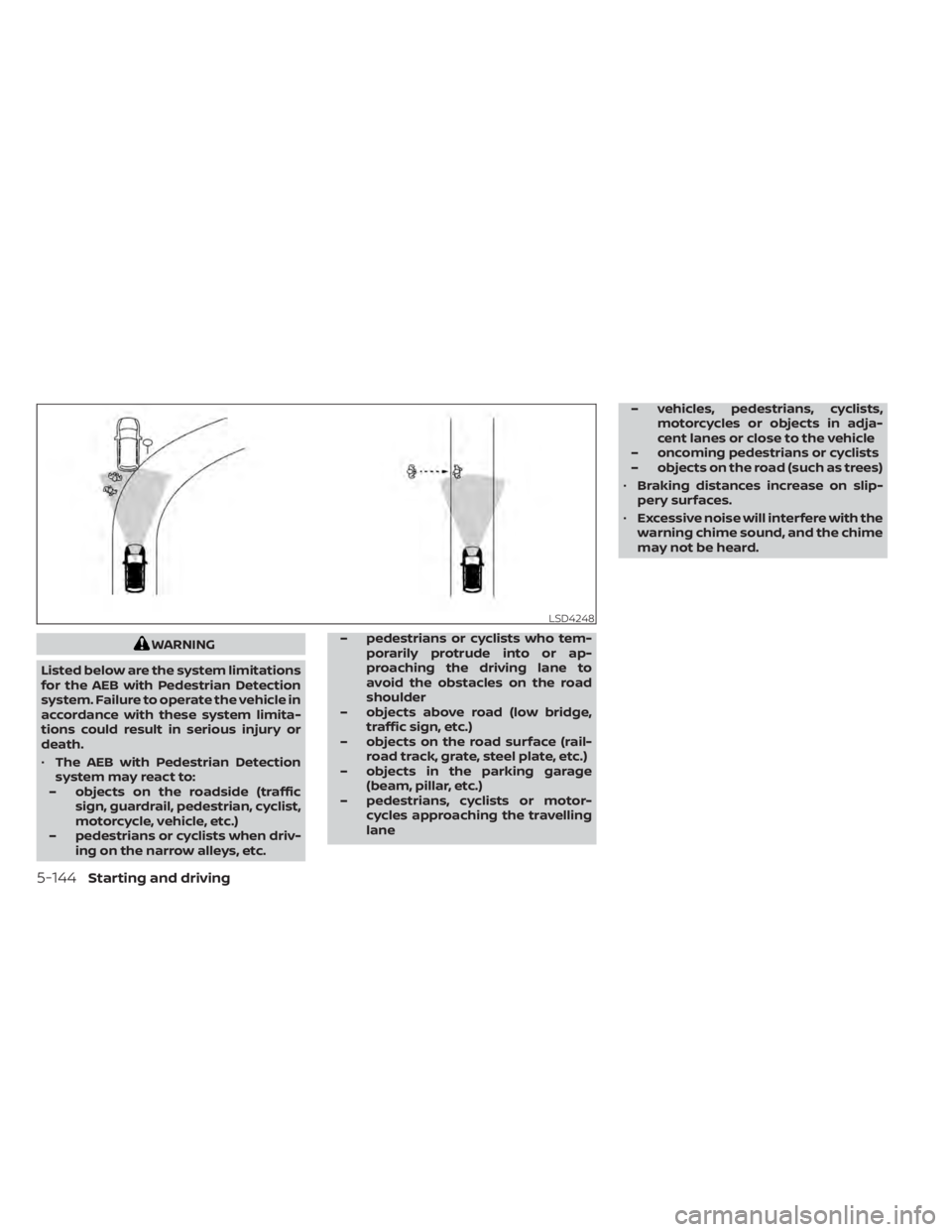 NISSAN PATHFINDER 2023  Owners Manual WARNING
Listed below are the system limitations
for the AEB with Pedestrian Detection
system. Failure to operate the vehicle in
accordance with these system limita-
tions could result in serious injur