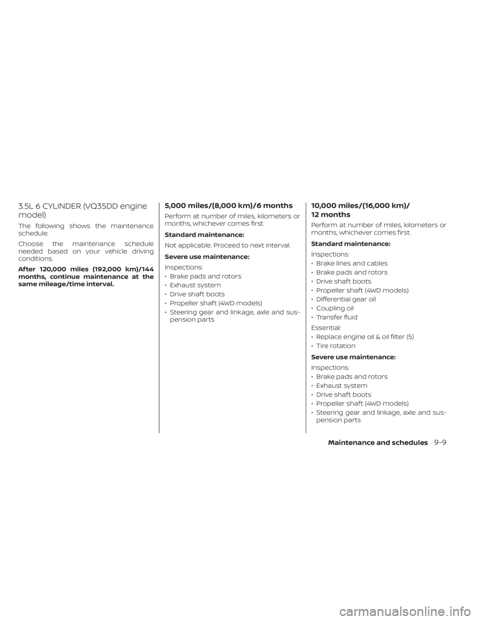NISSAN PATHFINDER 2023  Owners Manual 3.5L 6 CYLINDER (VQ35DD engine
model)
The following shows the maintenance
schedule.
Choose the maintenance schedule
needed based on your vehicle driving
conditions.
Af ter 120,000 miles (192,000 km)/1