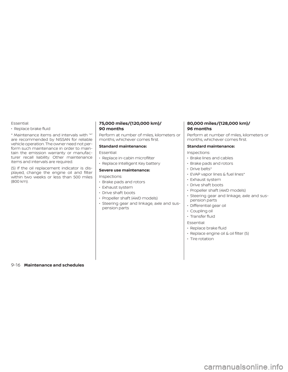 NISSAN PATHFINDER 2023  Owners Manual Essential:
• Replace brake fluid
* Maintenance items and intervals with “*”
are recommended by NISSAN for reliable
vehicle operation. The owner need not per-
form such maintenance in order to ma