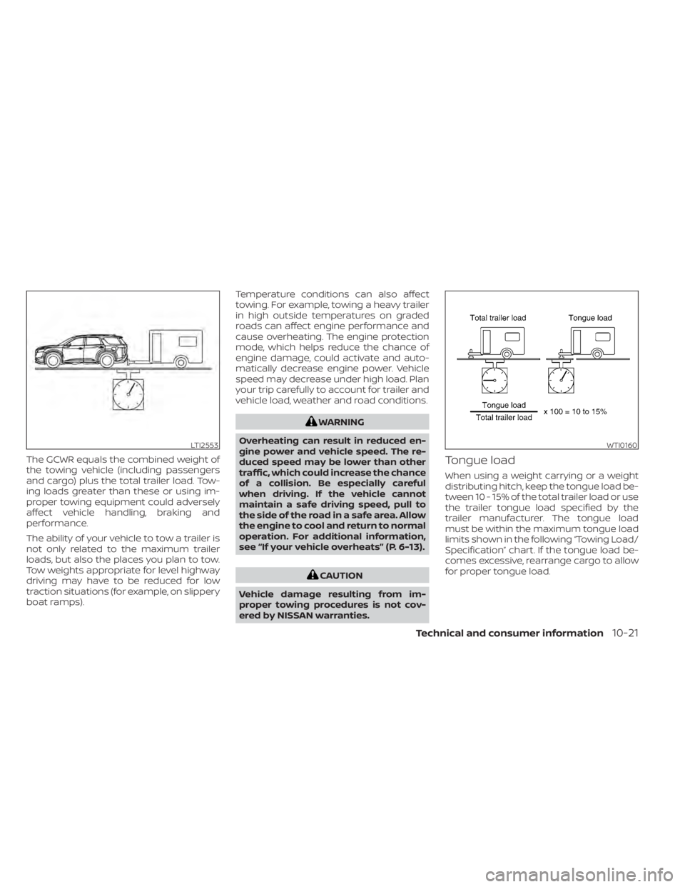NISSAN PATHFINDER 2023  Owners Manual The GCWR equals the combined weight of
the towing vehicle (including passengers
and cargo) plus the total trailer load. Tow-
ing loads greater than these or using im-
proper towing equipment could adv
