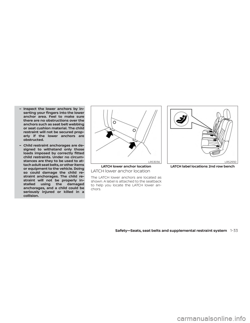 NISSAN PATHFINDER SV 2019  Owners Manual – Inspect the lower anchors by in-serting your fingers into the lower
anchor area. Feel to make sure
there are no obstructions over the
anchors such as seat belt webbing
or seat cushion material. Th