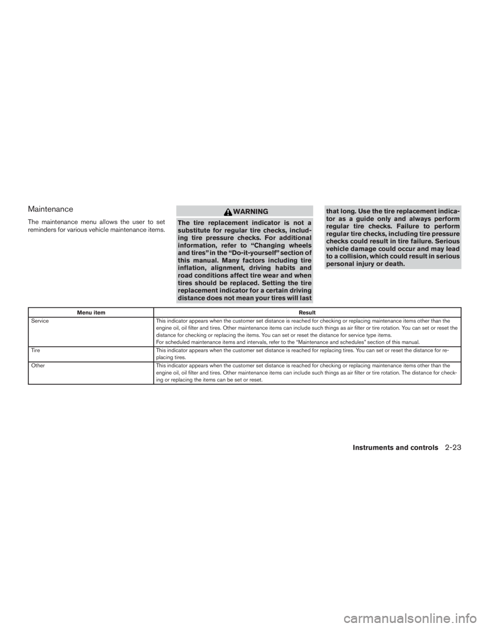 NISSAN PATHFINDER PLATINUM 2016  Owners Manual Maintenance
The maintenance menu allows the user to set
reminders for various vehicle maintenance items. 
