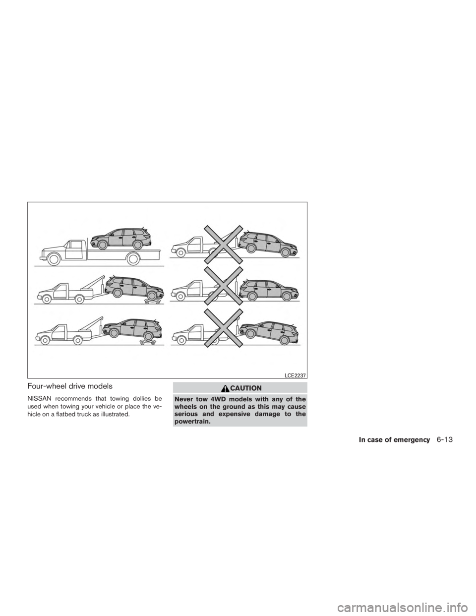 NISSAN PATHFINDER PLATINUM 2016  Owners Manual Four-wheel drive models
NISSAN recommends that towing dollies be
used when towing your vehicle or place the ve-
hicle on a flatbed truck as illustrated. 