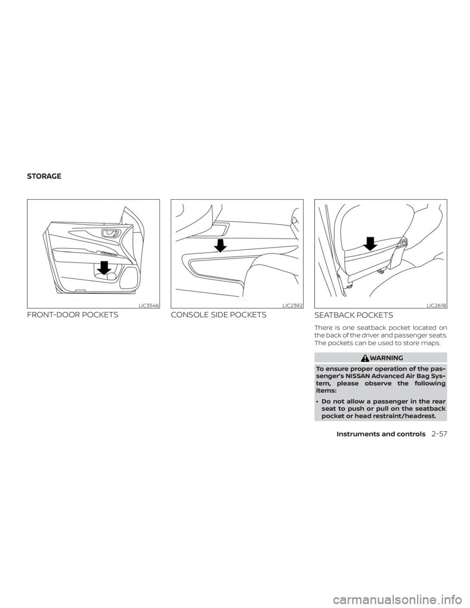 NISSAN PATHFINDER PLATINUM 2018  Owners Manual FRONT-DOOR POCKETSCONSOLE SIDE POCKETS
SEATBACK POCKETS
There is one seatback pocket located on
the back of the driver and passenger seats.
The pockets can be used to store maps. 
