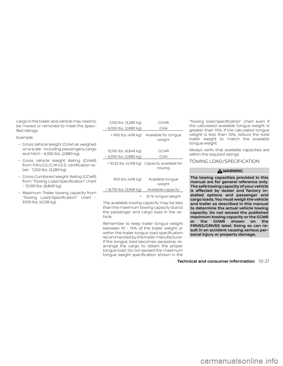 NISSAN PATHFINDER PLATINUM 2018  Owners Manual cargo in the trailer and vehicle may need to
be moved or removed to meet the speci-
fied ratings.
Example:∙ Gross Vehicle Weight (GVW) as weighed on a scale - including passengers, cargo
and hitch -