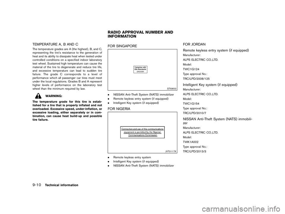 NISSAN PULSAR 2015  Owners Manual  
������� 
�> �(�G�L�W� ����� ���� �0�R�G�H�O� �&����$�@ 
9-10 
T echnical information 
TEMPERA TUREA,B AND C 
GUID-561 FF33D-0916 -46E5-BA38-82D578 CFF229 
The temperature grades