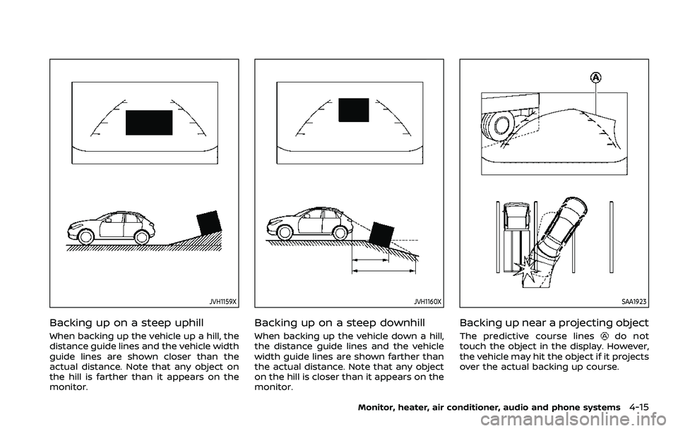 NISSAN QASHQAI 2023  Owners Manual JVH1159X
Backing up on a steep uphill
When backing up the vehicle up a hill, the
distance guide lines and the vehicle width
guide lines are shown closer than the
actual distance. Note that any object 