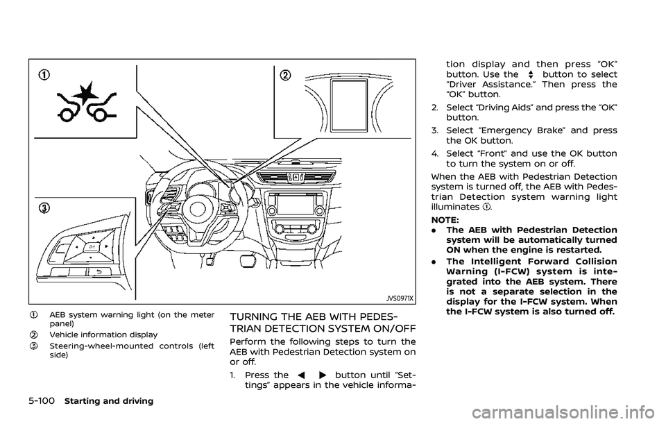 NISSAN QASHQAI 2023 Owners Manual 5-100Starting and driving
JVS0971X
AEB system warning light (on the meter
panel)
Vehicle information displaySteering-wheel-mounted controls (left
side)
TURNING THE AEB WITH PEDES-
TRIAN DETECTION SYST NISSAN QASHQAI 2023 Owners Manual 5-100Starting and driving
JVS0971X
AEB system warning light (on the meter
panel)
Vehicle information displaySteering-wheel-mounted controls (left
side)
TURNING THE AEB WITH PEDES-
TRIAN DETECTION SYST