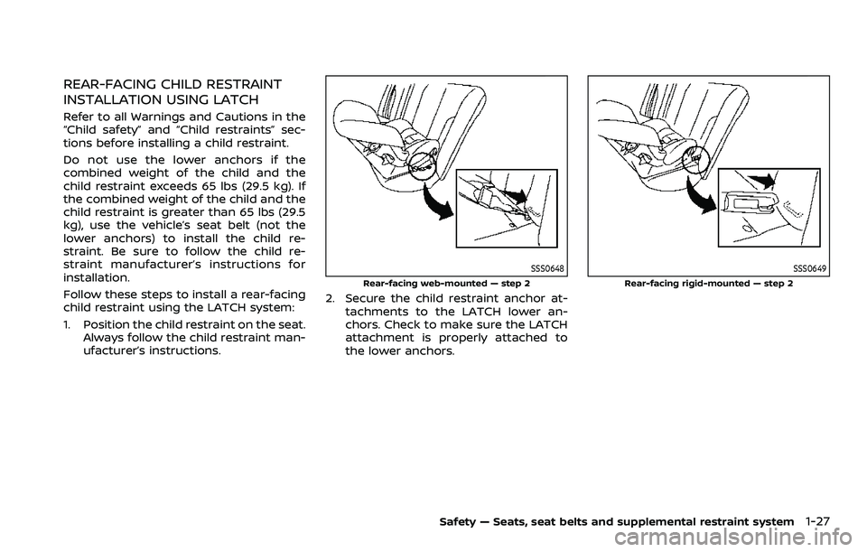 NISSAN QASHQAI 2023 Owners Manual REAR-FACING CHILD RESTRAINT
INSTALLATION USING LATCH
Refer to all Warnings and Cautions in the
“Child safety” and “Child restraints” sec-
tions before installing a child restraint.
Do not use NISSAN QASHQAI 2023 Owners Manual REAR-FACING CHILD RESTRAINT
INSTALLATION USING LATCH
Refer to all Warnings and Cautions in the
“Child safety” and “Child restraints” sec-
tions before installing a child restraint.
Do not use