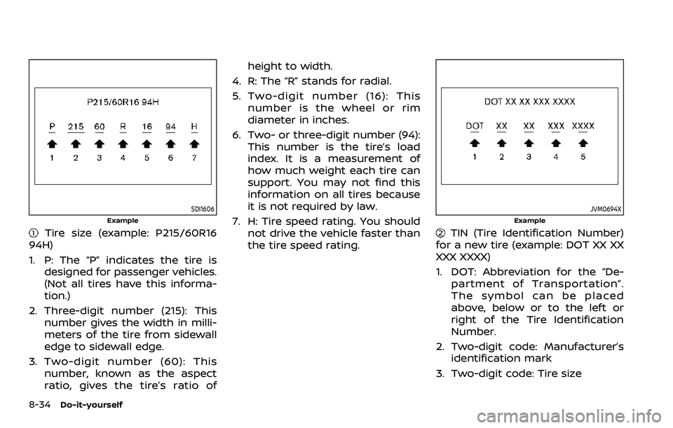NISSAN QASHQAI 2023 Owners Manual 8-34Do-it-yourself
SDI1606
Example
Tire size (example: P215/60R16
94H)
1. P: The “P” indicates the tire is designed for passenger vehicles.
(Not all tires have this informa-
tion.)
2. Three-digit NISSAN QASHQAI 2023 Owners Manual 8-34Do-it-yourself
SDI1606
Example
Tire size (example: P215/60R16
94H)
1. P: The “P” indicates the tire is designed for passenger vehicles.
(Not all tires have this informa-
tion.)
2. Three-digit