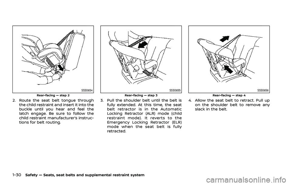 NISSAN QASHQAI 2023  Owners Manual 1-30Safety — Seats, seat belts and supplemental restraint system
SSS0654
Rear-facing — step 2
2. Route the seat belt tongue throughthe child restraint and insert it into the
buckle until you hear 