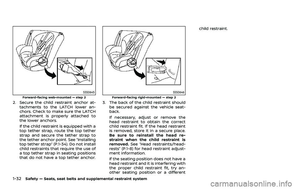 NISSAN QASHQAI 2023 Owners Manual 1-32Safety — Seats, seat belts and supplemental restraint system
SSS0645
Forward-facing web-mounted — step 2
2. Secure the child restraint anchor at-tachments to the LATCH lower an-
chors. Check t NISSAN QASHQAI 2023 Owners Manual 1-32Safety — Seats, seat belts and supplemental restraint system
SSS0645
Forward-facing web-mounted — step 2
2. Secure the child restraint anchor at-tachments to the LATCH lower an-
chors. Check t