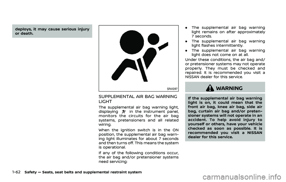 NISSAN QASHQAI 2023 Owners Manual 1-62Safety — Seats, seat belts and supplemental restraint system
deploys, it may cause serious injury
or death.
SPA1097
SUPPLEMENTAL AIR BAG WARNING
LIGHT
The supplemental air bag warning light,
dis NISSAN QASHQAI 2023 Owners Manual 1-62Safety — Seats, seat belts and supplemental restraint system
deploys, it may cause serious injury
or death.
SPA1097
SUPPLEMENTAL AIR BAG WARNING
LIGHT
The supplemental air bag warning light,
dis