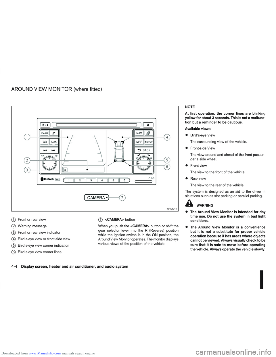 NISSAN QASHQAI 2013 Owners Manual Downloaded from www.Manualslib.com manuals search engine j1Front or rear view
j2Warning message
j3Front or rear view indicator
j4Bird’s-eye view or front-side view
j5Bird’s-eye view corner indicat NISSAN QASHQAI 2013 Owners Manual Downloaded from www.Manualslib.com manuals search engine j1Front or rear view
j2Warning message
j3Front or rear view indicator
j4Bird’s-eye view or front-side view
j5Bird’s-eye view corner indicat