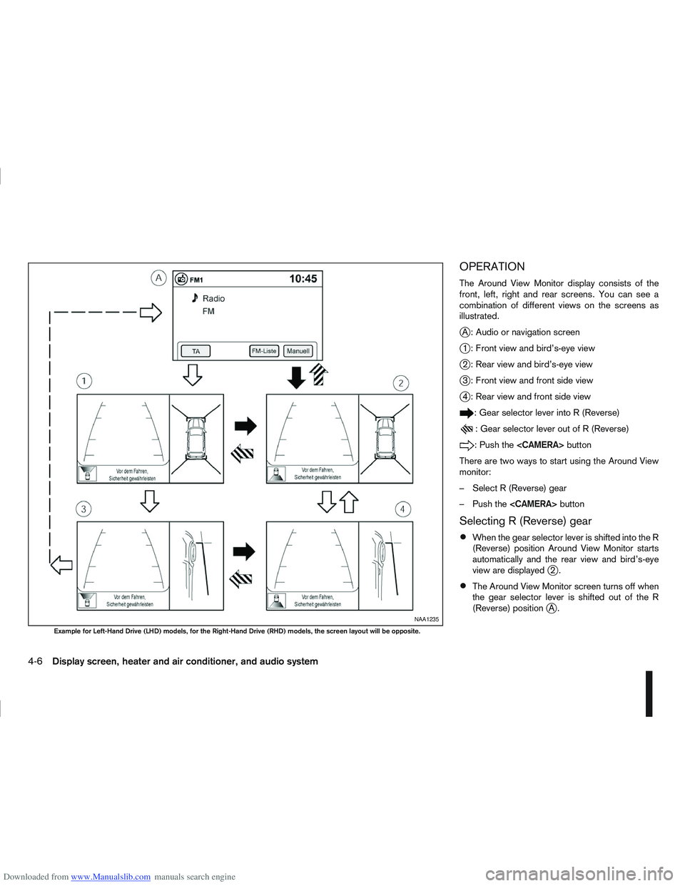 NISSAN QASHQAI 2012 Owners Manual Downloaded from www.Manualslib.com manuals search engine OPERATION
The Around View Monitor display consists of the
front, left, right and rear screens. You can see a
combination of different views on NISSAN QASHQAI 2012 Owners Manual Downloaded from www.Manualslib.com manuals search engine OPERATION
The Around View Monitor display consists of the
front, left, right and rear screens. You can see a
combination of different views on