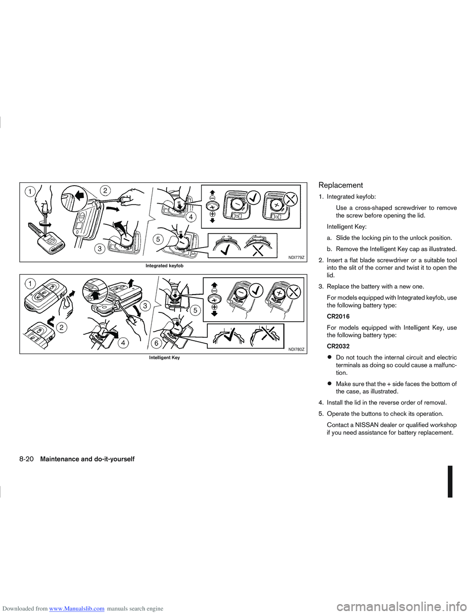 NISSAN QASHQAI 2012 Owners Manual Downloaded from www.Manualslib.com manuals search engine Replacement
1. Integrated keyfob:Use a cross-shaped screwdriver to remove
the screw before opening the lid.
Intelligent Key:
a. Slide the locki NISSAN QASHQAI 2012 Owners Manual Downloaded from www.Manualslib.com manuals search engine Replacement
1. Integrated keyfob:Use a cross-shaped screwdriver to remove
the screw before opening the lid.
Intelligent Key:
a. Slide the locki