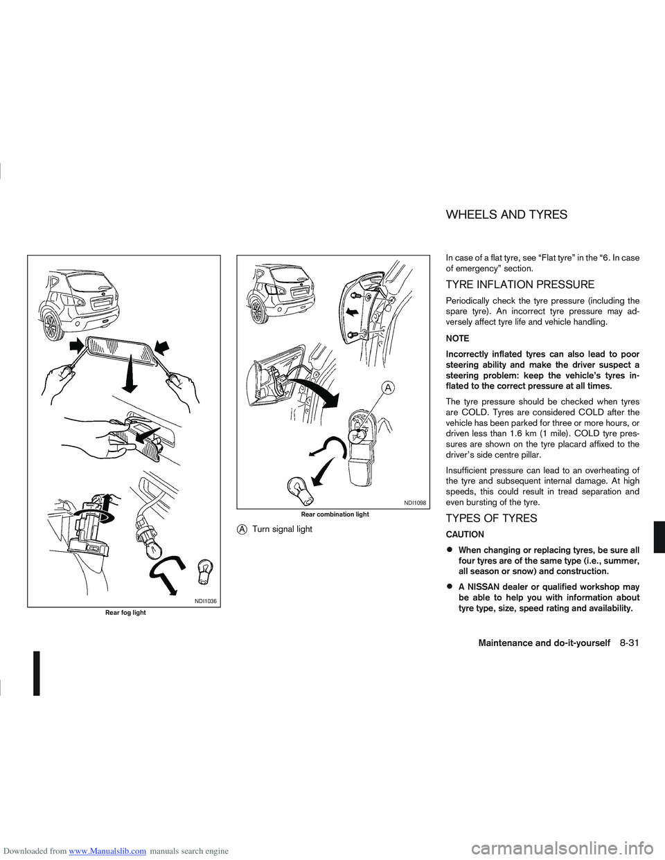 NISSAN QASHQAI 2012 Owners Manual Downloaded from www.Manualslib.com manuals search engine jATurn signal light In case of a flat tyre, see “Flat tyre” in the “6. In case
of emergency” section.
TYRE INFLATION PRESSURE
Periodica NISSAN QASHQAI 2012 Owners Manual Downloaded from www.Manualslib.com manuals search engine jATurn signal light In case of a flat tyre, see “Flat tyre” in the “6. In case
of emergency” section.
TYRE INFLATION PRESSURE
Periodica