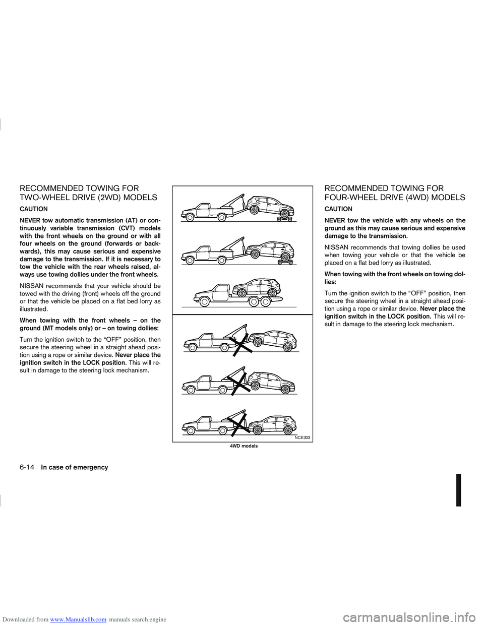 NISSAN QASHQAI 2010 Owners Manual Downloaded from www.Manualslib.com manuals search engine RECOMMENDED TOWING FOR
TWO-WHEEL DRIVE (2WD) MODELS
CAUTION
NEVER tow automatic transmission (AT) or con-
tinuously variable transmission (CVT) NISSAN QASHQAI 2010 Owners Manual Downloaded from www.Manualslib.com manuals search engine RECOMMENDED TOWING FOR
TWO-WHEEL DRIVE (2WD) MODELS
CAUTION
NEVER tow automatic transmission (AT) or con-
tinuously variable transmission (CVT)