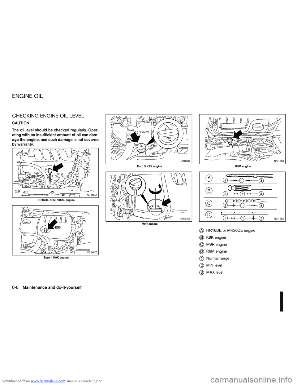 NISSAN QASHQAI 2010  Owners Manual Downloaded from www.Manualslib.com manuals search engine CHECKING ENGINE OIL LEVEL
CAUTION
The oil level should be checked regularly. Oper-
ating with an insufficient amount of oil can dam-
age the en