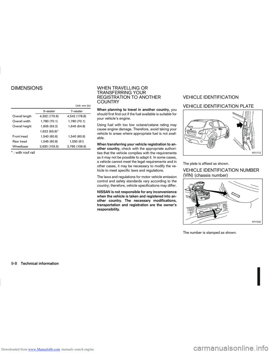 NISSAN QASHQAI 2010  Owners Manual Downloaded from www.Manualslib.com manuals search engine Unit: mm (in)
5–seater 7–seater
Overall length 4,332 (170.6) 4,542 (178.8)
Overall width 1,780 (70.1) 1,780 (70.1)
Overall height 1,605 (63