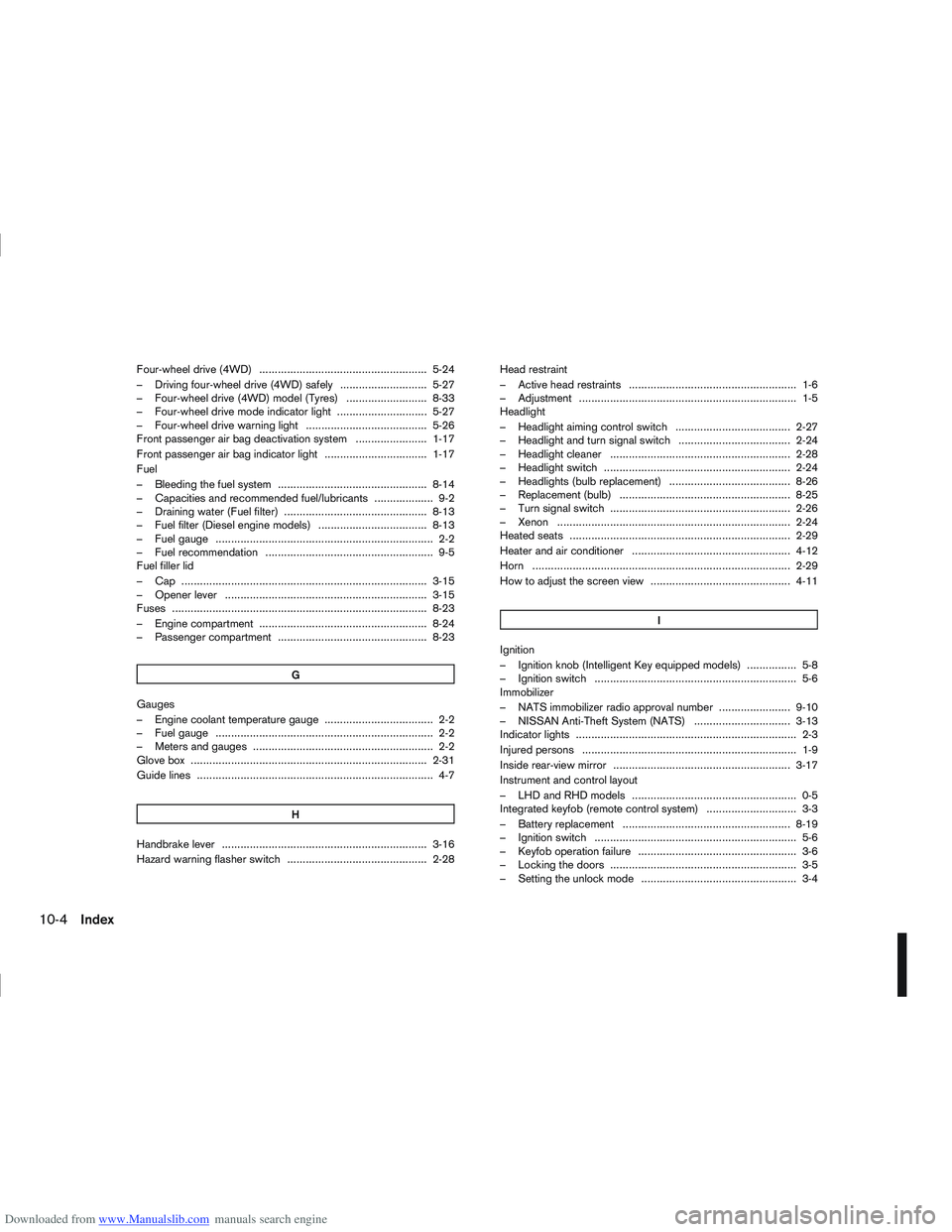 NISSAN QASHQAI 2010 Owners Manual Downloaded from www.Manualslib.com manuals search engine Four-wheel drive (4WD) ...................................................... 5-24
– Driving four-wheel drive (4WD) safely .................. NISSAN QASHQAI 2010 Owners Manual Downloaded from www.Manualslib.com manuals search engine Four-wheel drive (4WD) ...................................................... 5-24
– Driving four-wheel drive (4WD) safely ..................