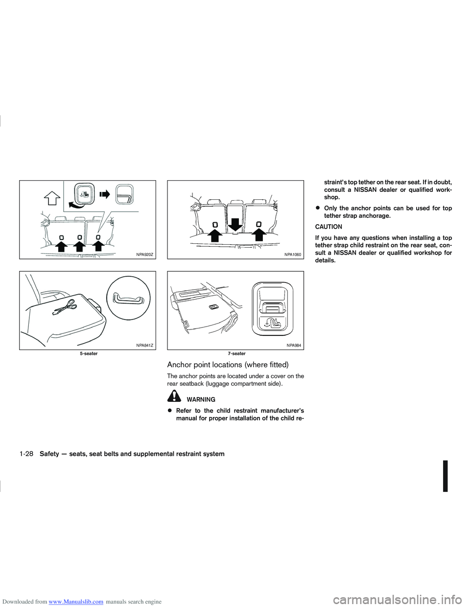 NISSAN QASHQAI 2010  Owners Manual Downloaded from www.Manualslib.com manuals search engine Anchor point locations (where fitted)
The anchor points are located under a cover on the
rear seatback (luggage compartment side).
WARNING
Refe