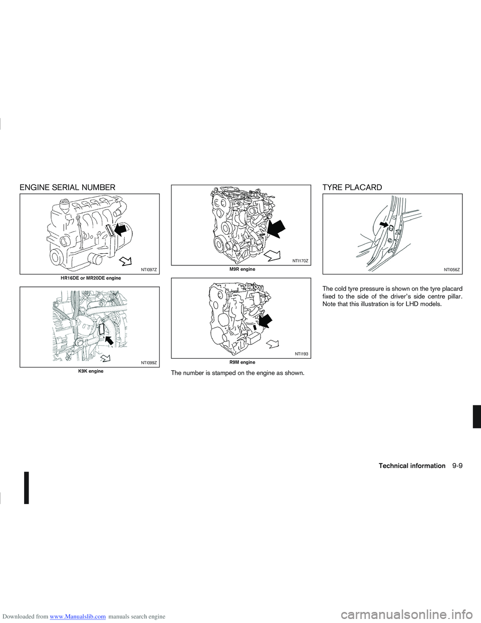 NISSAN QASHQAI 2009  Owners Manual Downloaded from www.Manualslib.com manuals search engine ENGINE SERIAL NUMBER
The number is stamped on the engine as shown.
TYRE PLACARD
The cold tyre pressure is shown on the tyre placard
fixed to th