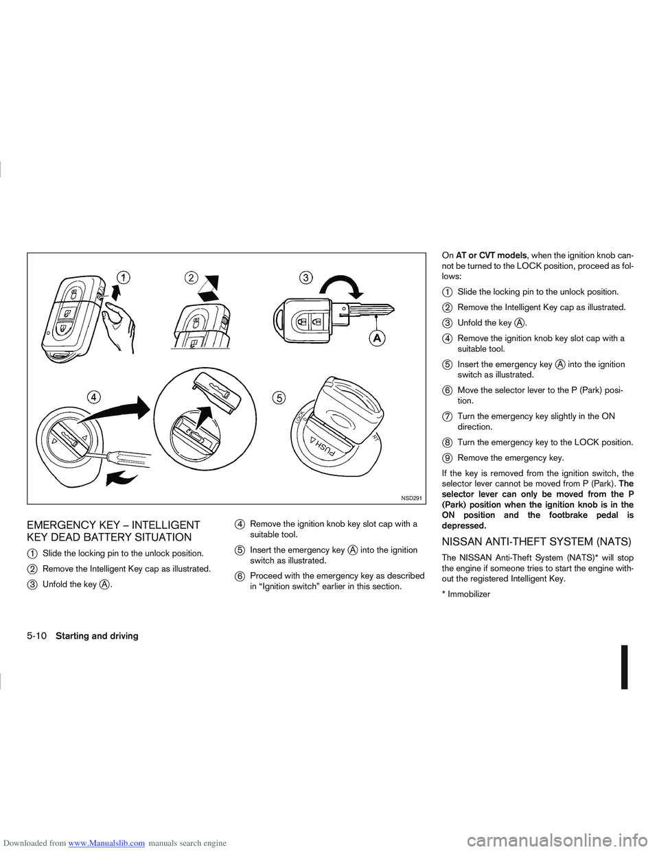 NISSAN QASHQAI 2007  Owners Manual Downloaded from www.Manualslib.com manuals search engine EMERGENCY KEY – INTELLIGENT
KEY DEAD BATTERY SITUATION
j
1Slide the locking pin to the unlock position.
j2Remove the Intelligent Key cap as i