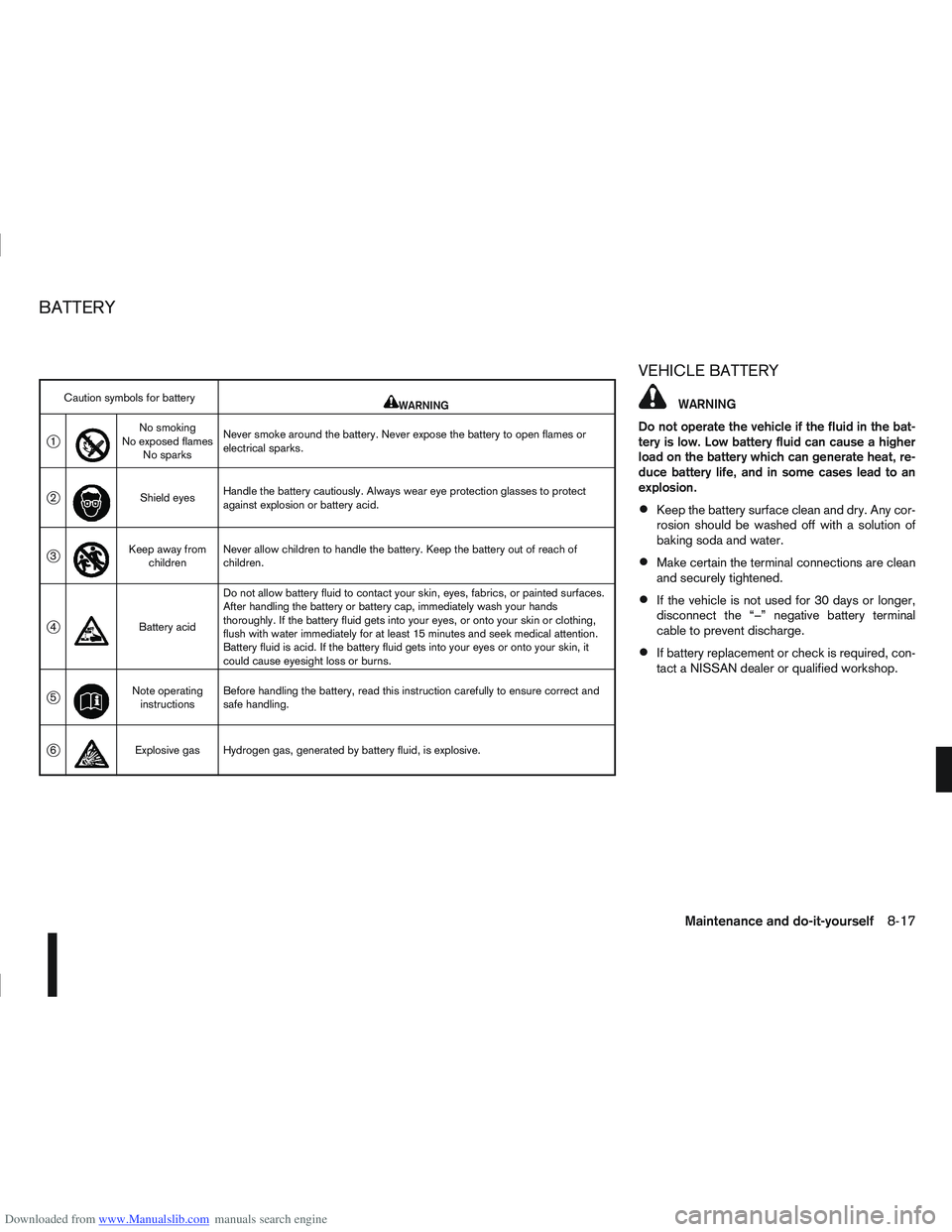 NISSAN QASHQAI 2007  Owners Manual Downloaded from www.Manualslib.com manuals search engine VEHICLE BATTERY
WARNING
Do not operate the vehicle if the fluid in the bat-
tery is low. Low battery fluid can cause a higher
load on the batte