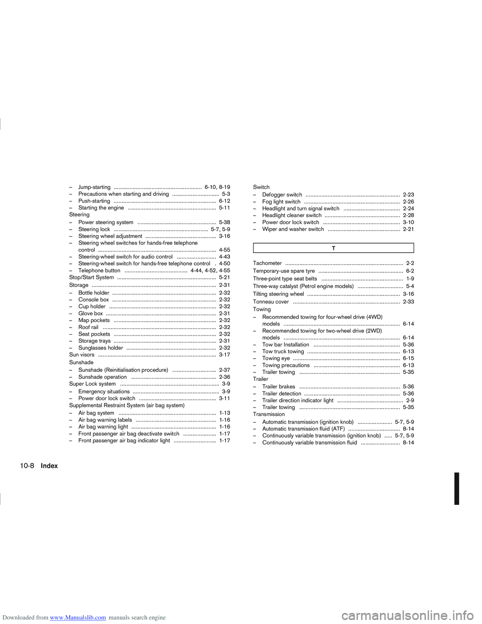 NISSAN QASHQAI 2006  Owners Manual Downloaded from www.Manualslib.com manuals search engine – Jump-starting ........................................................ 6-10, 8-19
– Precautions when starting and driving ...............