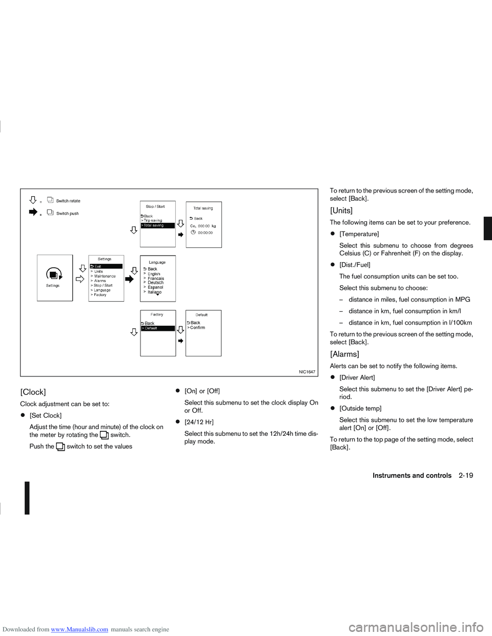 NISSAN QASHQAI 2006  Owners Manual Downloaded from www.Manualslib.com manuals search engine [Clock]
Clock adjustment can be set to:
[Set Clock]
Adjust the time (hour and minute) of the clock on
the meter by rotating the
switch.
Push th