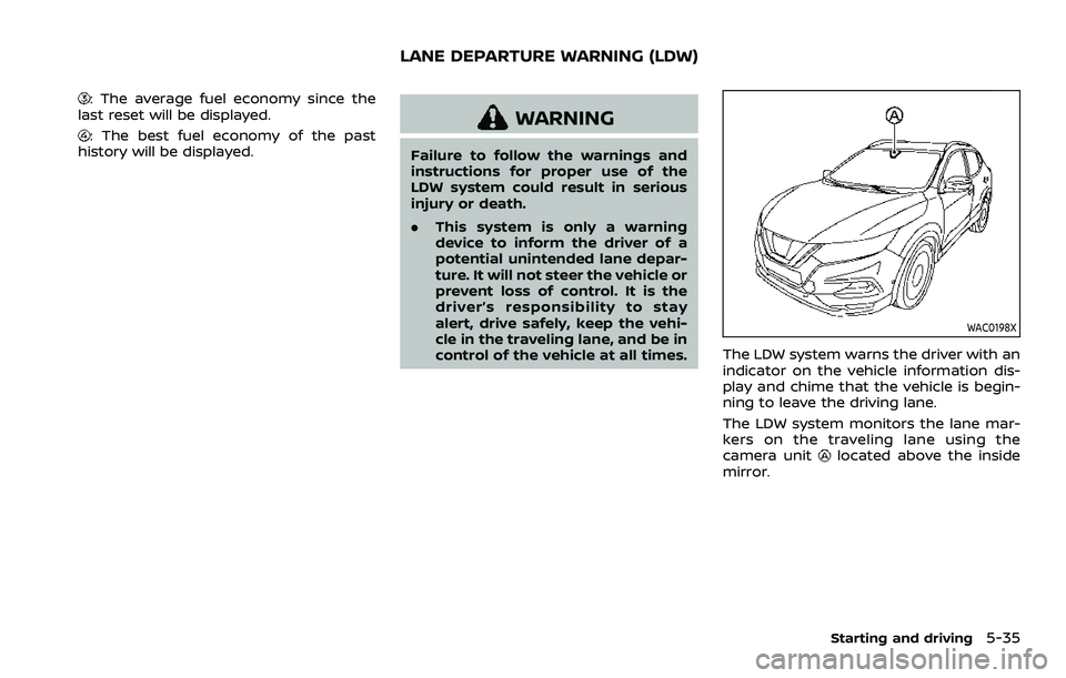 NISSAN ROGUE SPORT 2022  Owners Manual : The average fuel economy since the
last reset will be displayed.
: The best fuel economy of the past
history will be displayed.WARNING
Failure to follow the warnings and
instructions for proper use 